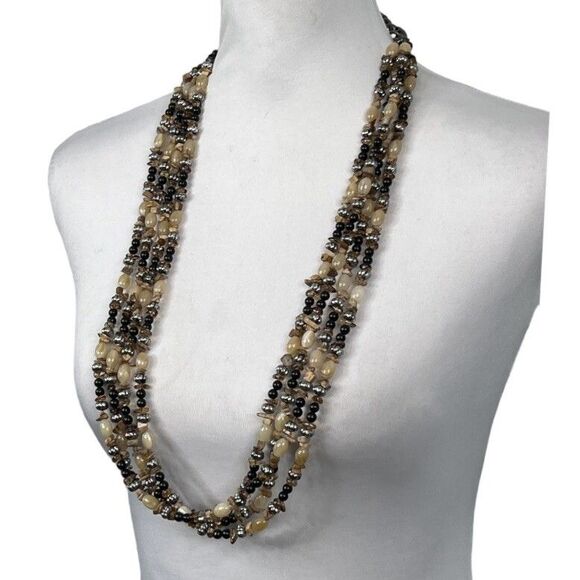 Beaded 4 Strand Chain Necklace Hook 27" Long Extend 11" Brown Tan Chip Round - Picture 3 of 9